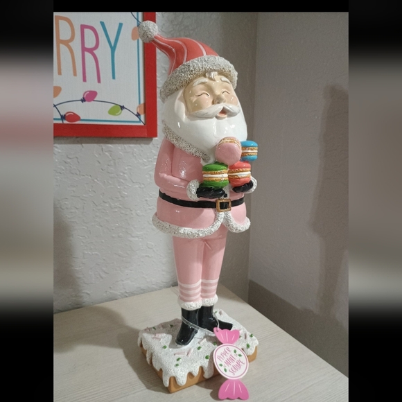 Santa Serving Macaroons Christmas Cookies Pink Pastel  Peppermint Square - Picture 2 of 6